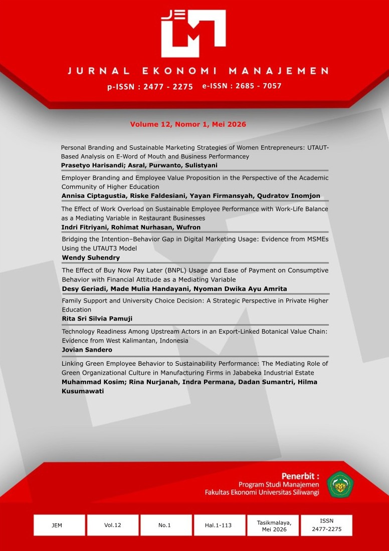 					View Vol. 12 No. 1 (2026): Jurnal Ekonomi Manajemen
				
